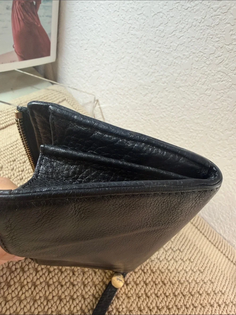 Tory Burch Black Pebbled Leather Zip Around Continental Wallet Gold Logo